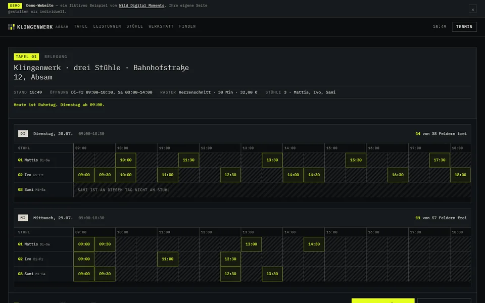 Startseite der Demo-Website Klingenwerk