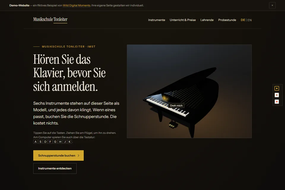 Startseite der Demo-Website Musikschule Tonleiter mit dem spielbaren 3D-Flügel
