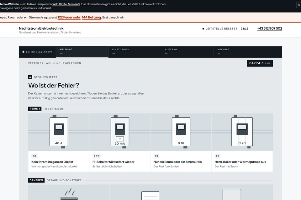 Startseite der Demo-Website Nachtstrom Elektrotechnik mit der Störungs-Triage