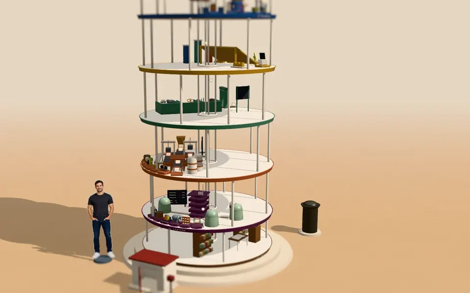 Demo Porzellanturm: Architekturmodell eines Turms aus Porzellan mit farbig glasierten Stockwerken