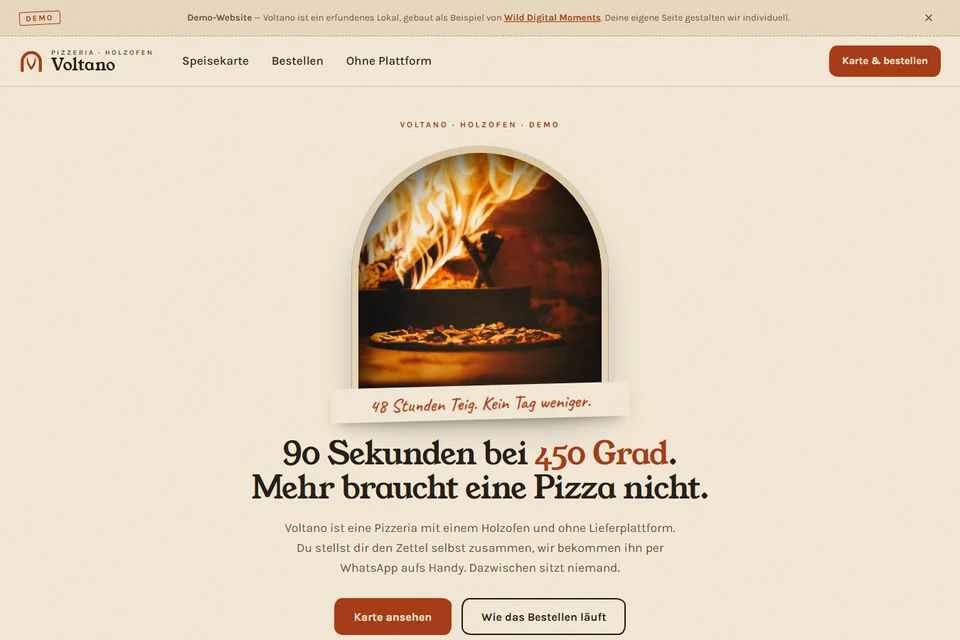 Startseite der Demo-Website Voltano mit dem Holzofen