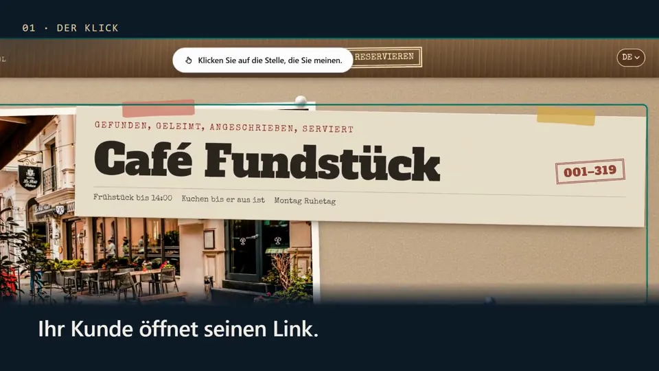 ClickAndSay auf der Website eines Cafés: der Hinweis „Klicken Sie auf die Stelle, die Sie meinen“