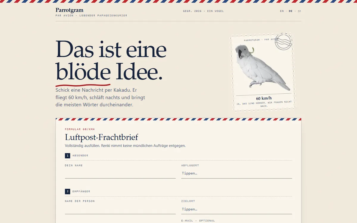 Parrotgram: „Das ist eine blöde Idee.“ neben einer Briefmarke mit Kakadu