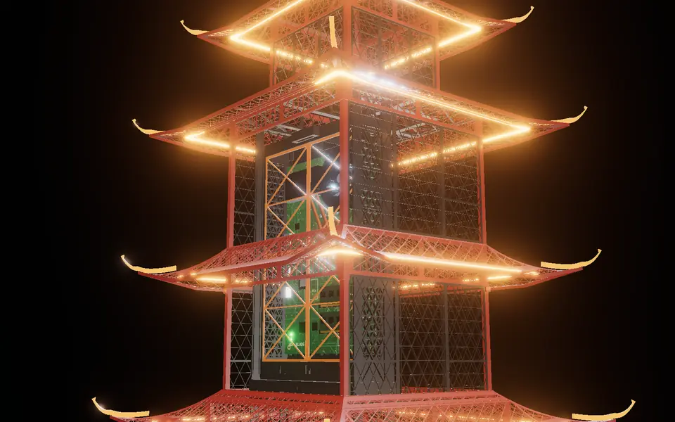 Render Cube, Rendering: die Pagode bei Nacht, hinter dem Gitter steckt eine Laptop-Platine