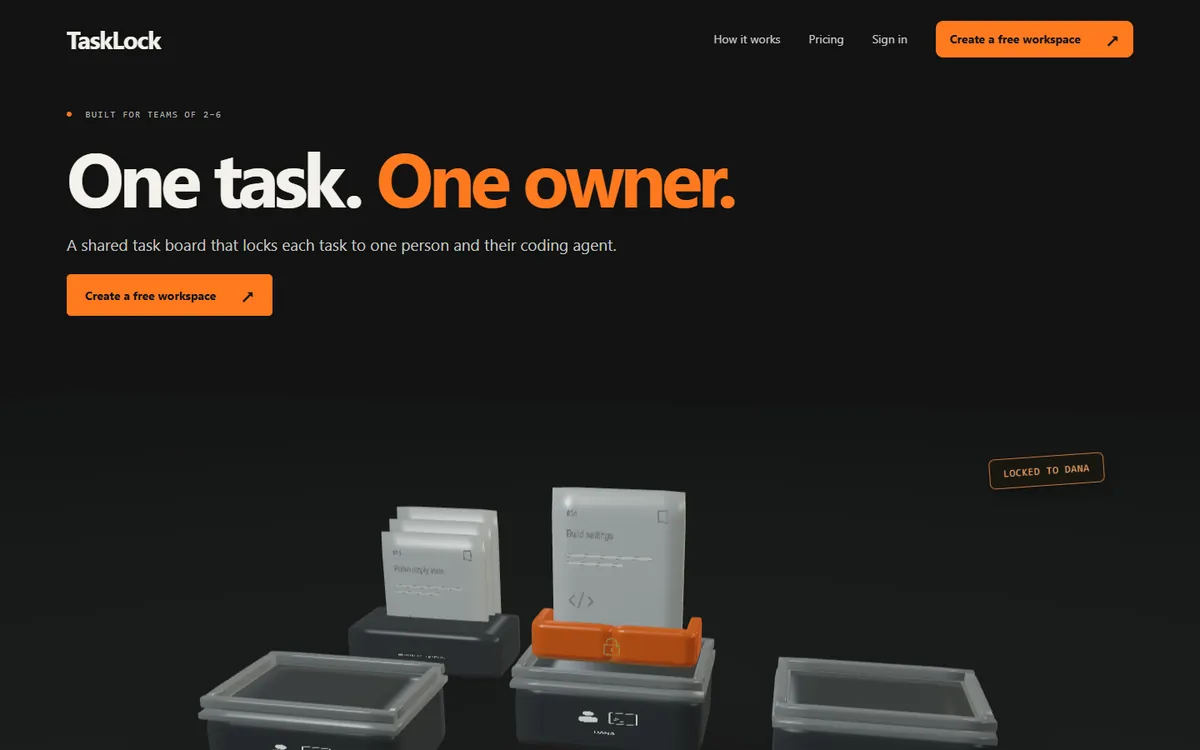 Startseite von TaskLock: „One task. One owner.“ über drei Ablagen, eine Aufgabe ist orange gesperrt