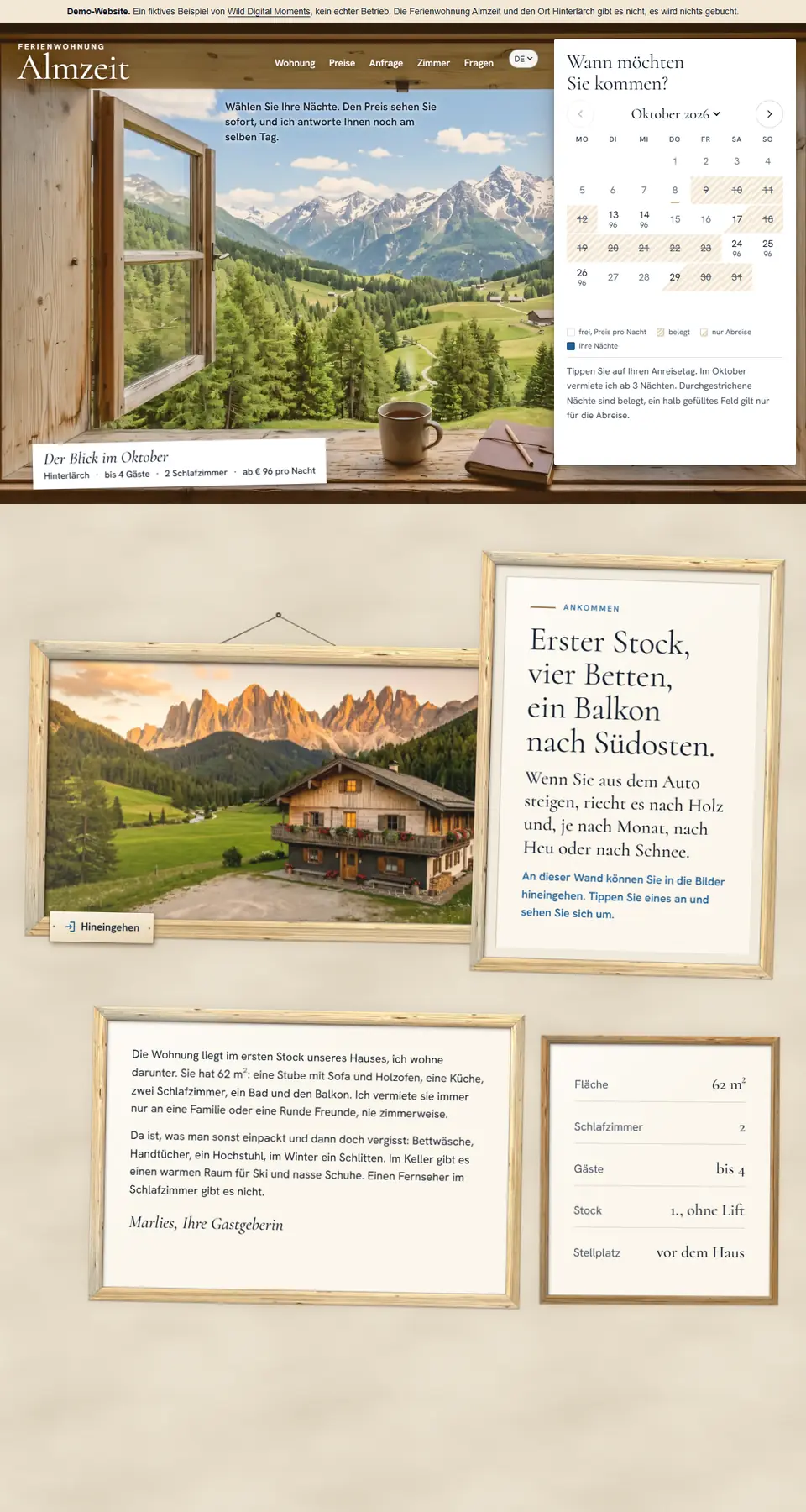 Blick aus dem offenen Holzfenster der Ferienwohnung Almzeit auf Wiesen und schneebedeckte Berge