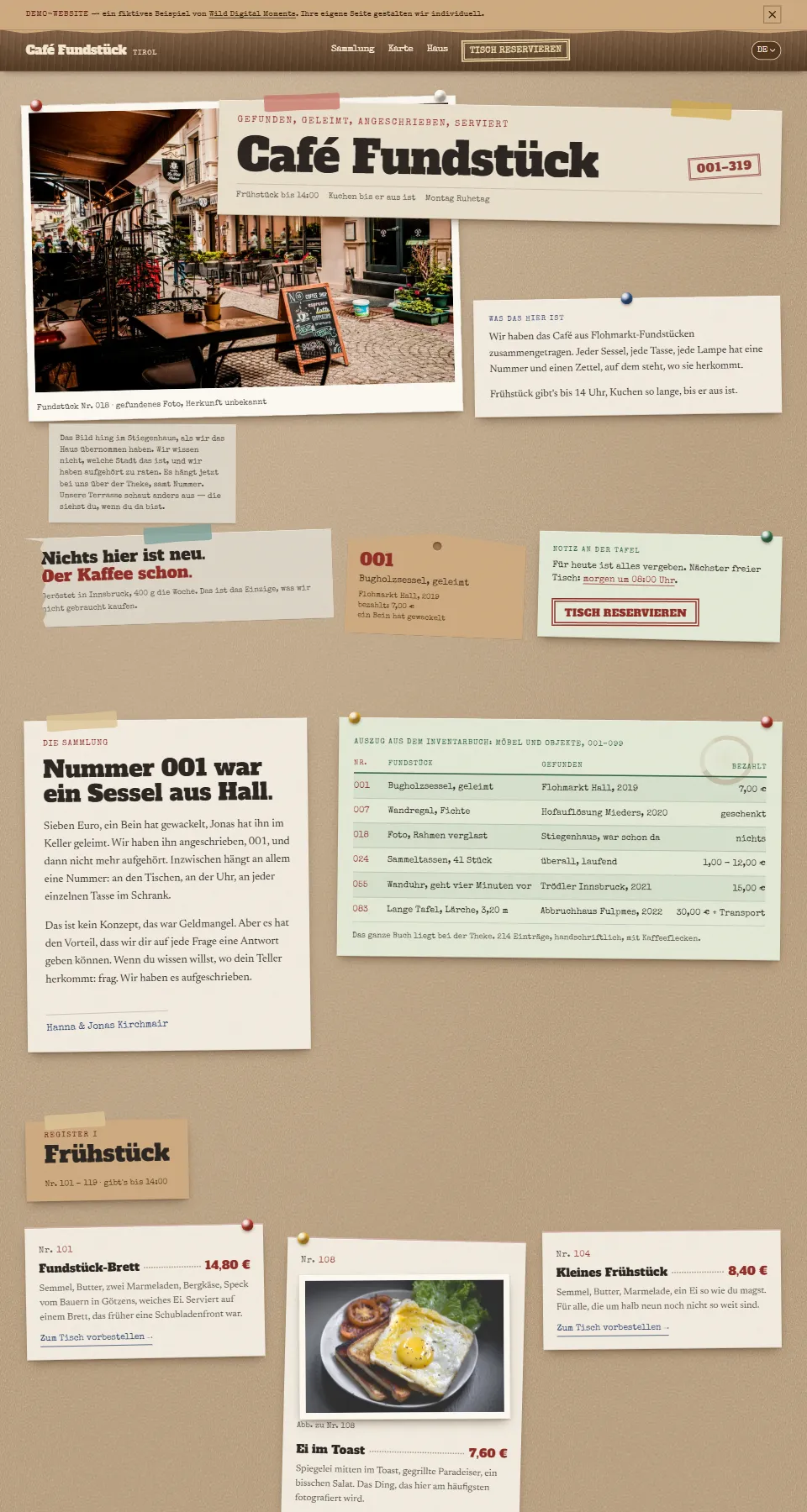 Startseite der Demo-Website Café Fundstück