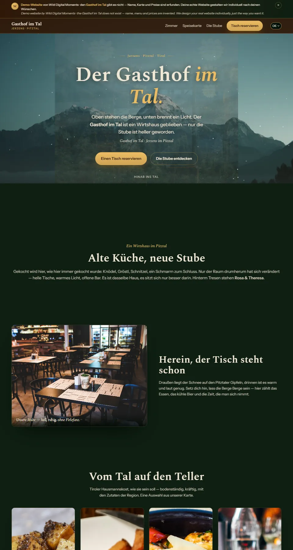 Startseite der Demo-Website Gasthof im Tal mit den Bergen im Hintergrund
