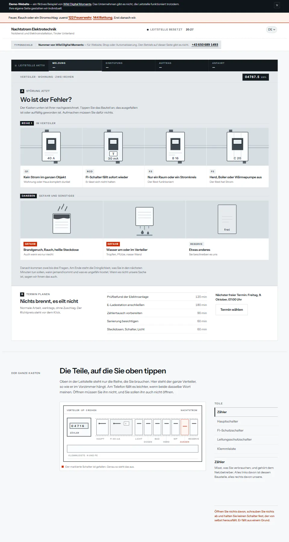 Startseite der Demo-Website Nachtstrom Elektrotechnik mit der Störungs-Triage