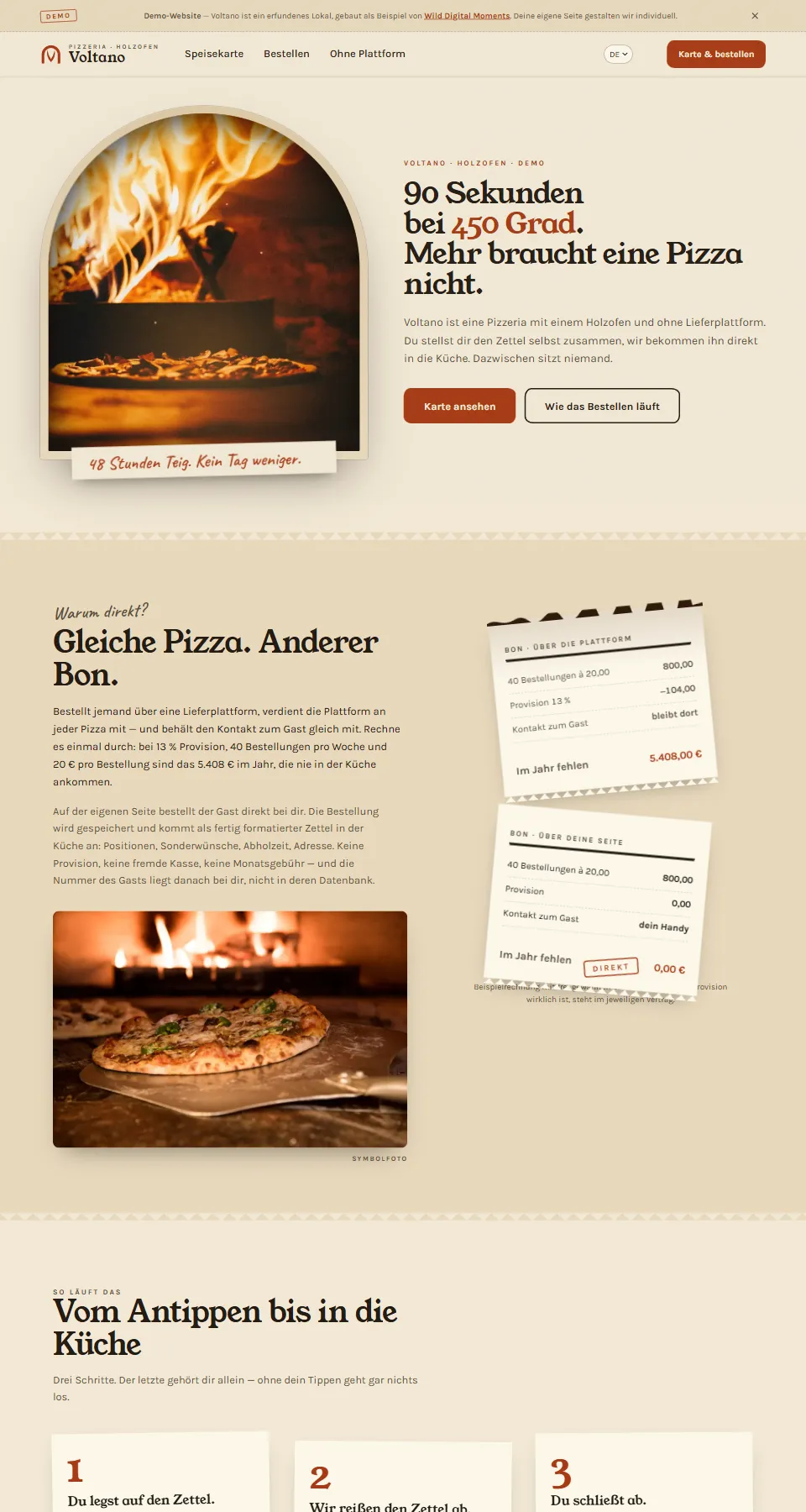 Startseite der Demo-Website Voltano mit dem Holzofen