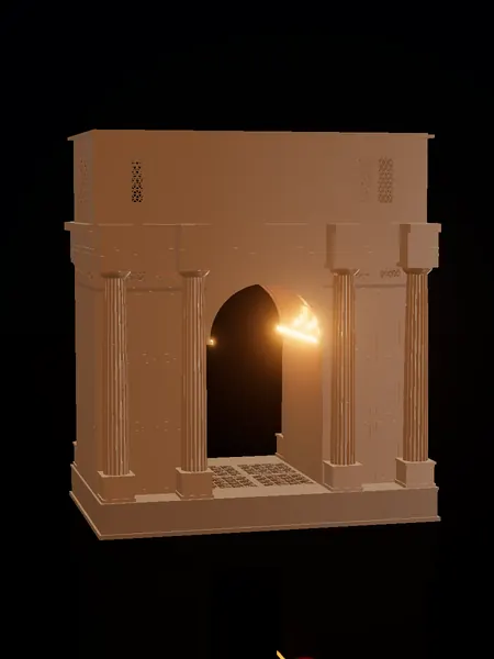 Compact triumphal arch, render: night, bronze