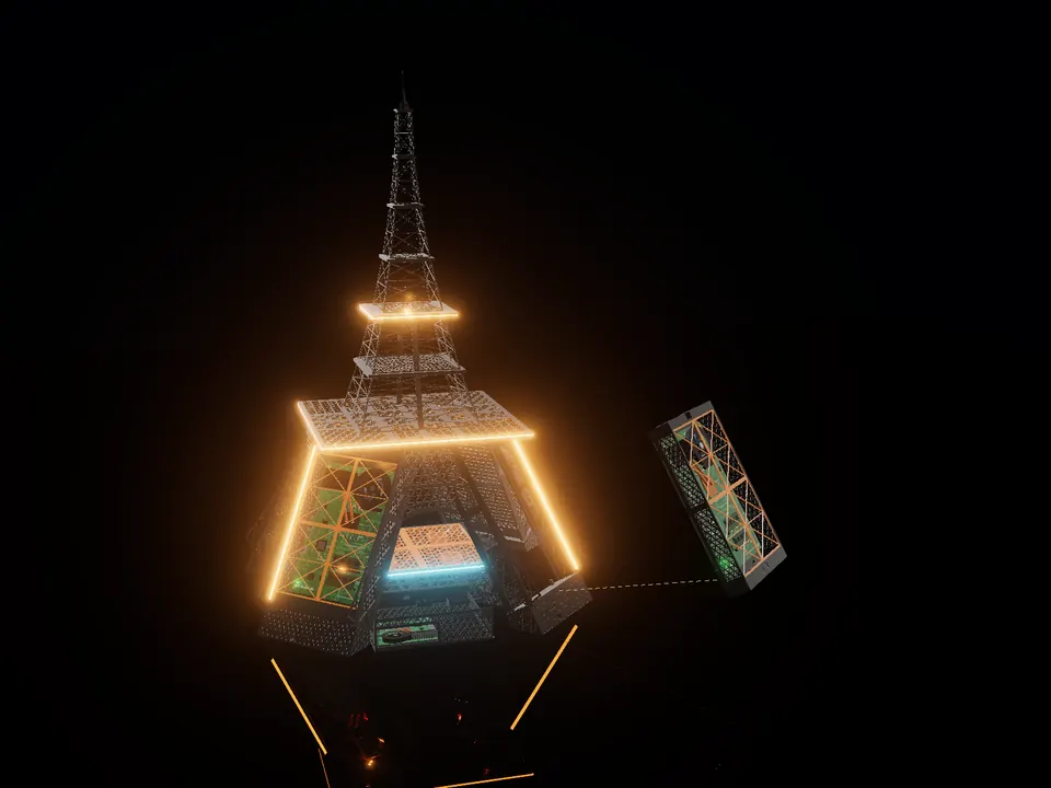 Eiffel Tower, render: taken apart: blade and drawer out