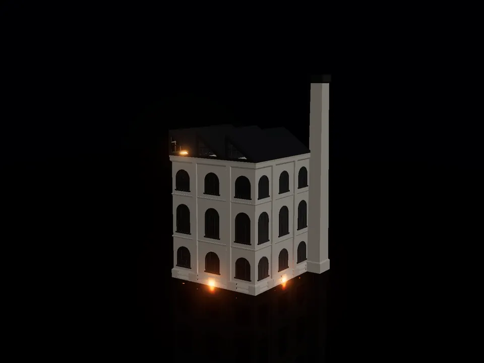 Compact sawtooth factory, render: night, white