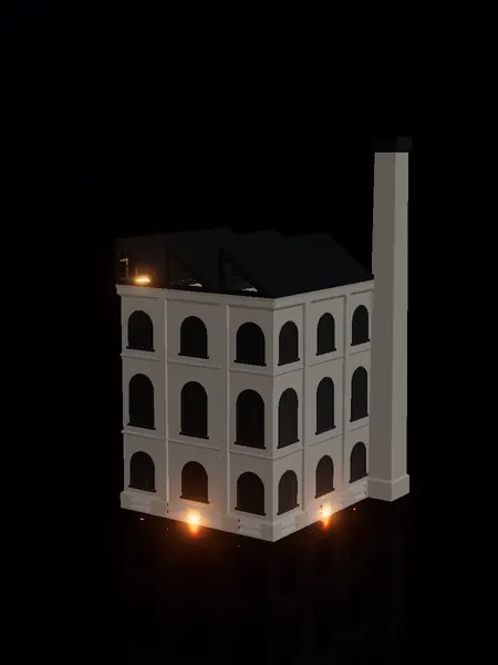 Compact sawtooth factory, render: night, white