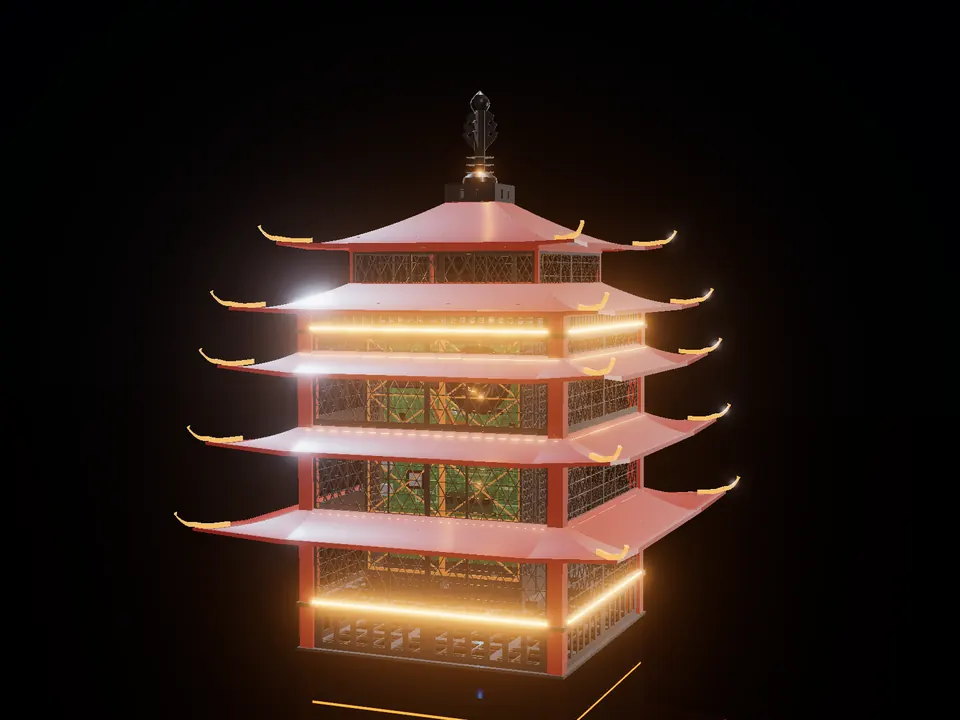 Compact pagoda, render: night