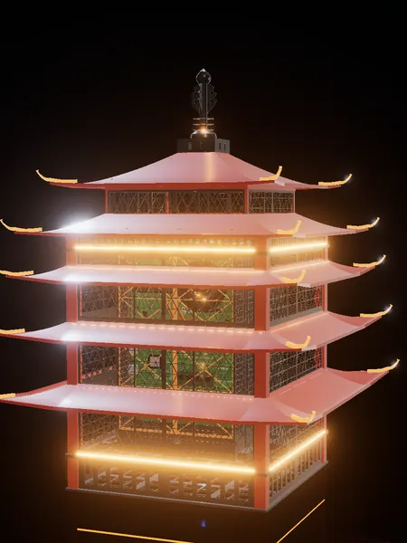 Compact pagoda, render: night