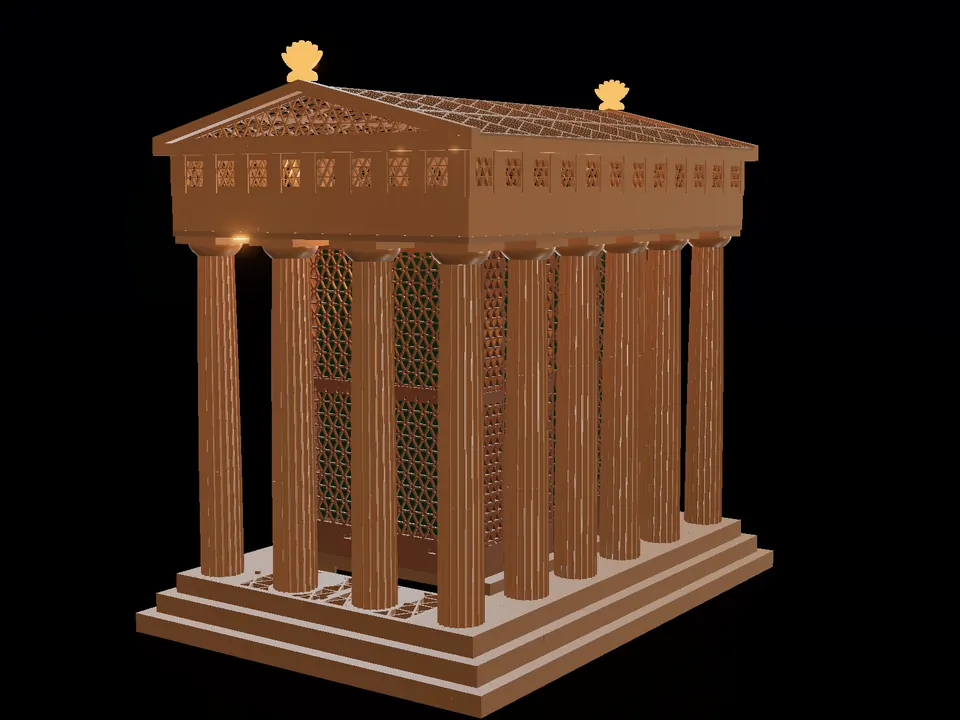 Compact Greek temple, render: night, bronze
