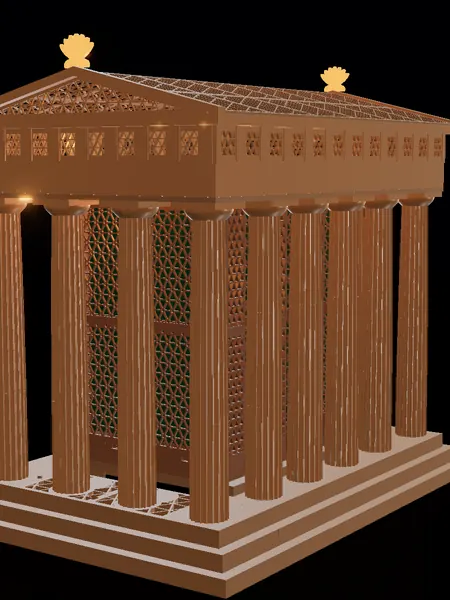 Compact Greek temple, render: night, bronze