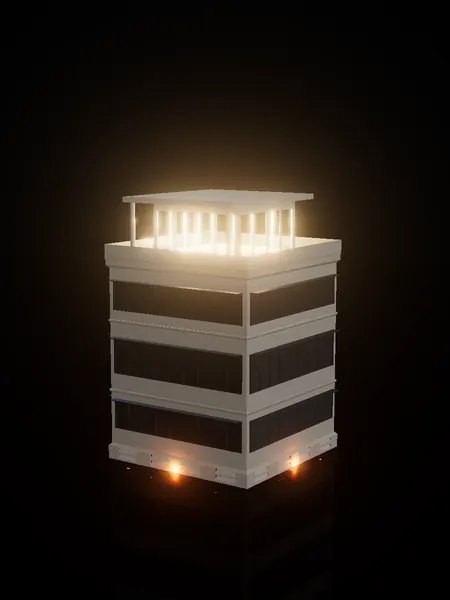 Compact modernist villa, render: night, white